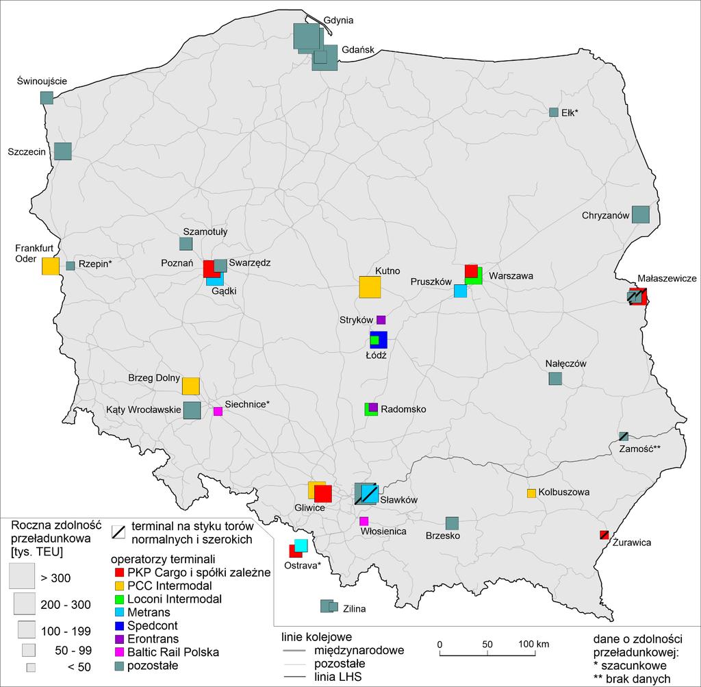 Rozmieszczenie i zdolność przeładunkowa terminali kontenerowych w Polsce w 2019 r. 13 Zidentyfikowano 38 terminali, w tym: 6 morskich, 8 z szerokim torem.