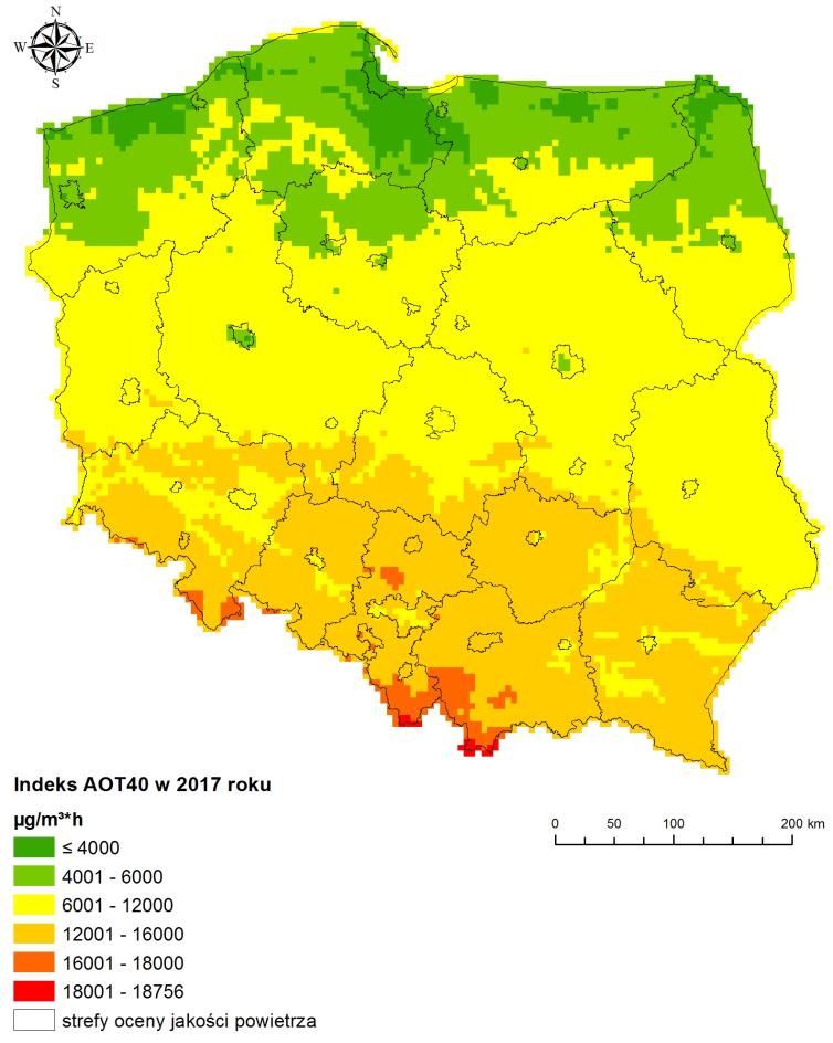 Rys. 4-27. Parametr AOT40 [µg/m 3 h] obliczony dla okresu maj-lipiec, uśredniony dla 5 lat 2013-2017, oszacowany na podstawie wyników modelowania i pomiarów. Źródło: GIOŚ 2018a Na Rys.