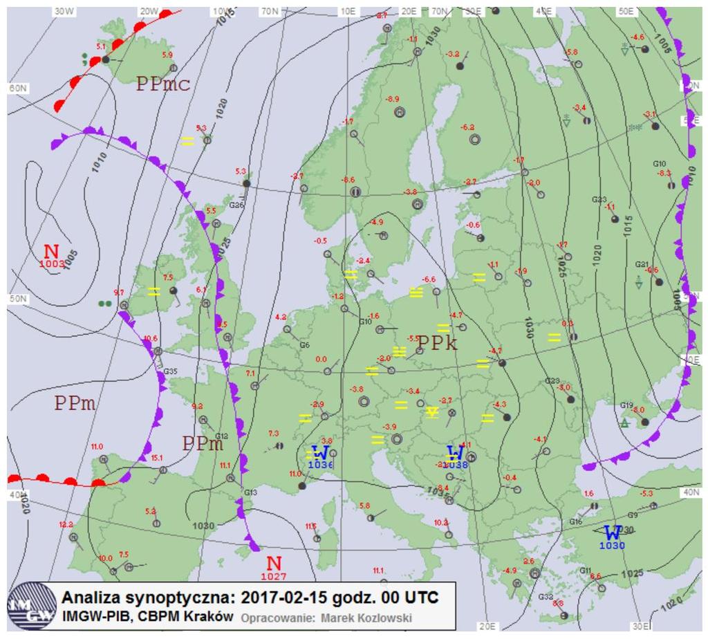 Rys. 6-8. Mapa synoptyczna na dzień 15.02.2017 g. 00 UTC.