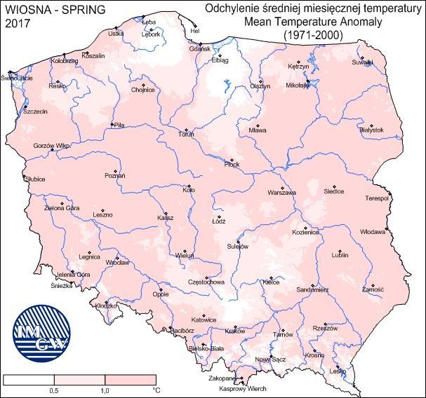 Źródło: GIOŚ 2018a Rys. 4-4. Odchylenie średniej temperatury powietrza wiosną i latem 2017 r.