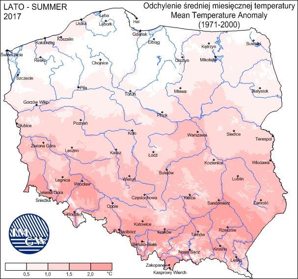 średnia temperatura powietrza wiosną na przeważającym obszarze Polski była wyższa o od 1 do 1.