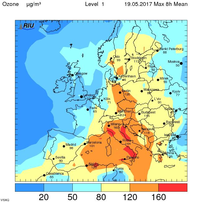 Rys. 4-11. Prognoza dobowych stężeń maksymalnych 8-godz. ozonu w Europie na dzień 19.05.2017 r. Źródło: http://www.uni-koeln.de/math-nat-fak/geomet/eurad/index_e.html W 2017 r.