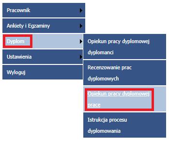 1. Obsługa pracy dyplomowej przez opiekuna pracy dyplomowej Po wgraniu przez studenta plików związanych z pracą dyplomową system informuje opiekuna pracy dyplomowej o jej dostępności wysyłając