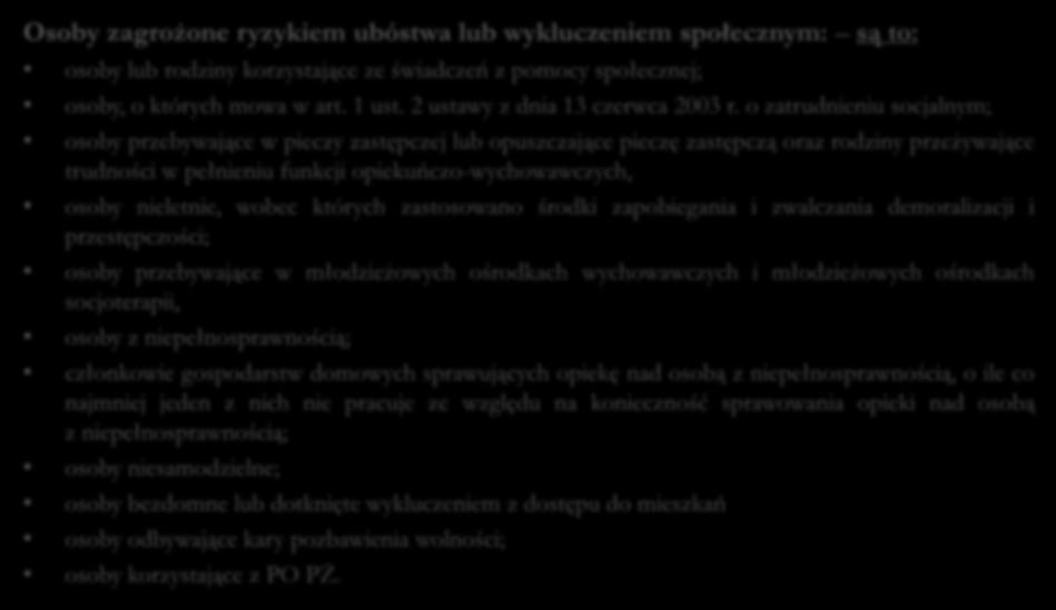 Osoby zagrożone ryzykiem ubóstwa lub wykluczeniem społecznym: są to: osoby lub rodziny korzystające ze świadczeń z pomocy społecznej; osoby, o których mowa w art. 1 ust.