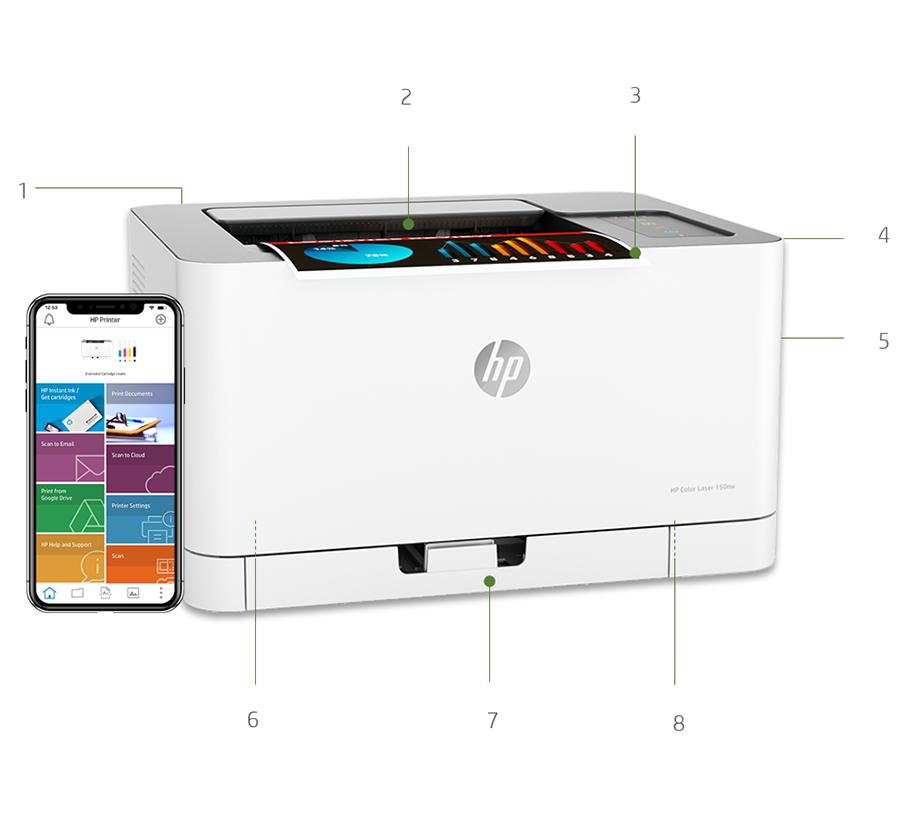 Dane techniczne Drukarki HP Color Laser seria 50 Przegląd produktu Pokazano drukarkę HP Laser 50nw. Drukowanie z szybkością 8 str./min w czerni (A4) i 4 str./min w kolorze (A4) 2.