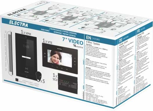 dodatkowych stacji wideo/audio 1 x Jednostka centralna wideo Zewnętrzna kamera wideo podłączana w jednostce centralnej 5 x Brelok RFID Rejestrator wideo (DVR), podłączany w jednostce centralnej Różne