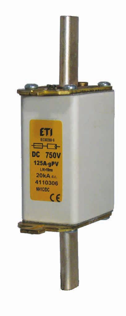 Wkładki topikowe NH DC 750V gpv Dane techniczne Napięcie znamionowe Zwarciowa zdolność wyłączania Charakterystyka 750V DC (L/R = 15ms) 20 ka DC Normy IEC 60269-6 cz. 1.0 (2010-9), PN-IEC 60269-4 Zastosowanie gpv W obwodach pr.