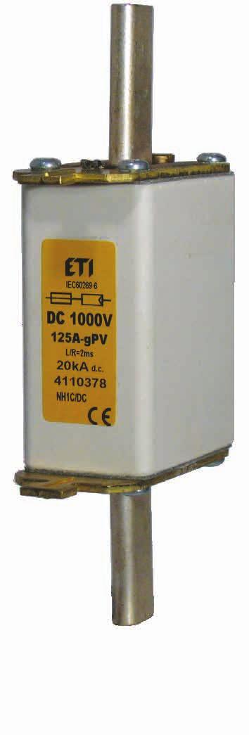 Wkładki topikowe NH DC 1000V gpv Dane techniczne Napięcie znamionowe Zwarciowa zdolność wyłączania Charakterystyka 1000V DC (L/R = 2ms) 20 ka DC Normy IEC 60269-6 cz. 1.0 (2010-9), PN-IEC 60269-4 Zastosowanie gpv W obwodach pr.