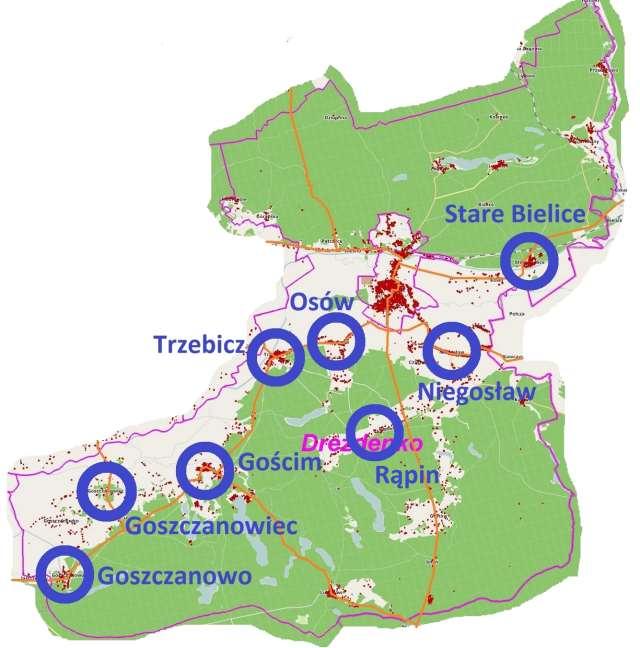 III. Wykaz miejsc w Gminie Drezdenko. Mapa wskazuje analizowane przez nas obszary.