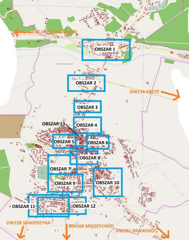 II. Wykaz Miejsc w Mieście Drezdenko Mapa wskazuje analizowane przez nas obszary.