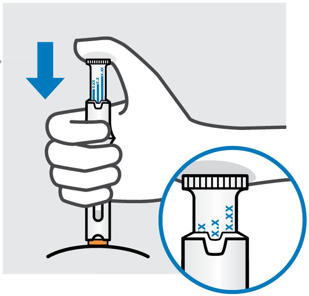 Przycisnąć do skóry i przytrzymać końcówkę wstrzykiwacza tak, aby pomarańczowa osłona igły uniosła się w górę do oporu. Nadal widoczny będzie fragment pomarańczowego elementu.
