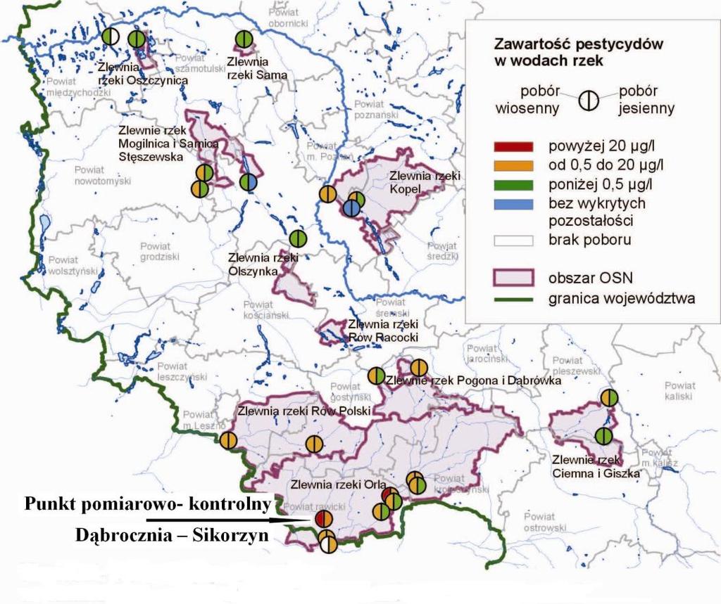 58 S t r o n a badań stwierdzono, że w próbce wody pobranej wiosną 2009 roku z rzeki Dąbrocznia wartość ta została przekroczona i wyniosła 21,9 μg/l.