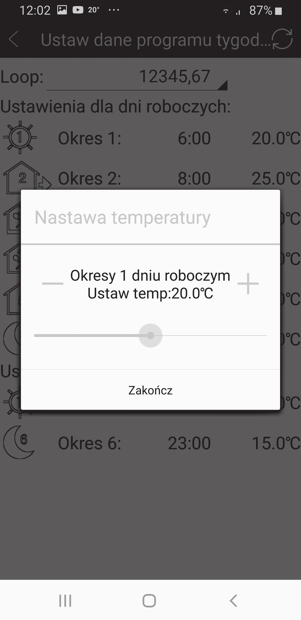 KROK 6 - Programowanie urządzenia Wybór rodzaju programu tygodniowego Loop: - 12345,67 (program 5+2 dni) - 123456,7 (program 6+1 dni) - 1234567 (program 7 dni) W celu zmiany godziny