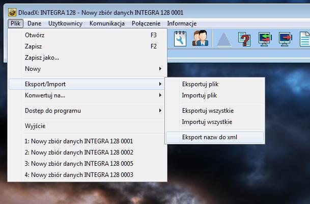 4 Eksportowanie konfiguracji centrali Aby przygotować plik konfiguracyjny gotowy do zaimportowania do oprogramowania IFTER EQU należy z programu DloadX wybrać opcję: Plik -> import / eksport ->