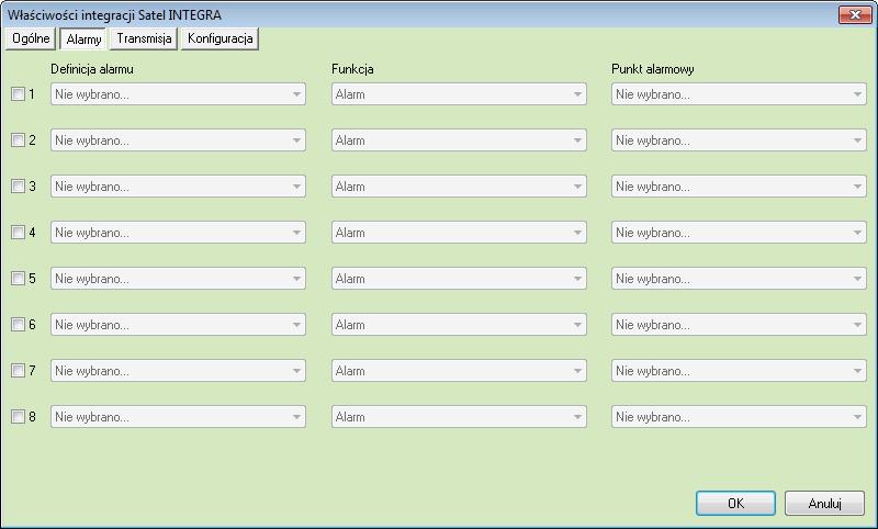 6.2 Zakładka Alarmy W tej zakładce można przypisać do 8 alarmów oraz przypisać im różne punkty alarmowe. Funkcje alarmowe dostępne dla Integracji: Alarm, Brak komunikacji 6.