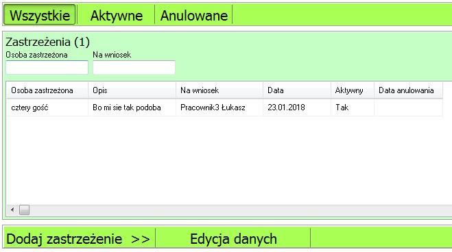 W górnej części okna znajdują się zakładki do przełączania widoku pomiędzy wszytkimi zastrzeżeniami, aktywnimi oraz anulowanymi.