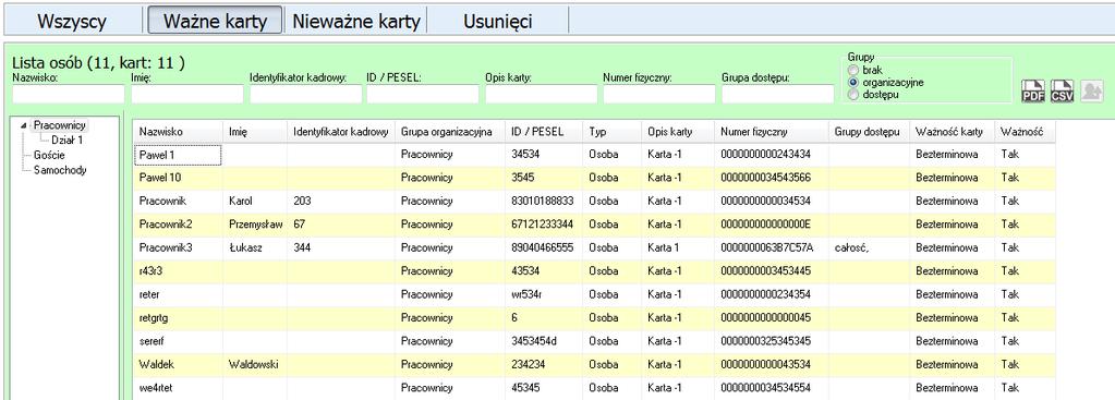 Przyciski pokazane w polu [4] posiadają następujące funkcje: Generowanie raportu personelu do pliku.pdf Generowanie raportu personelu do pliku.