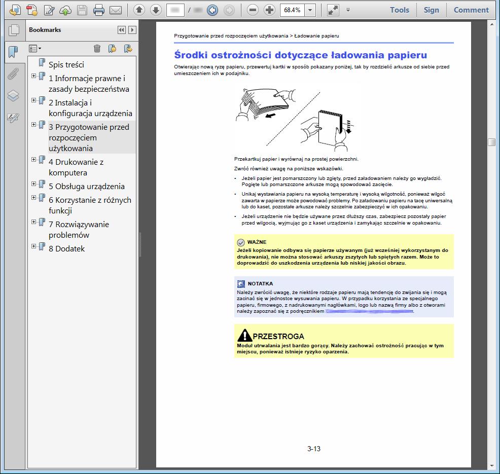 Oznaczenia stosowane w tym podręczniku W poniższym przykładzie użyto programu Adobe Reader X. Kliknij pozycję spisu treści, aby przeskoczyć do odpowiedniej strony podręcznika.