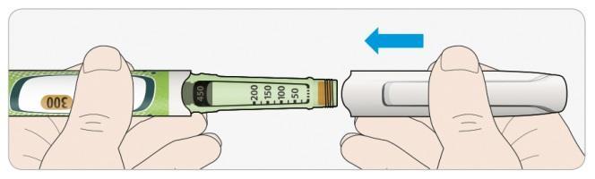 C Należy z powrotem założyć nasadkę wstrzykiwacza. Nie wkładać wstrzykiwacza z powrotem do lodówki. Okres przydatności Wstrzykiwacza można używać tylko przez 6 tygodni od pierwszego użycia.