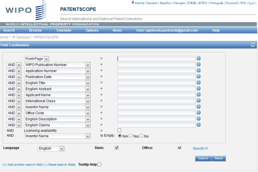 Przegląd patentowych źródeł informacyjnych WIPO PatentScope https://patentscope.wipo.