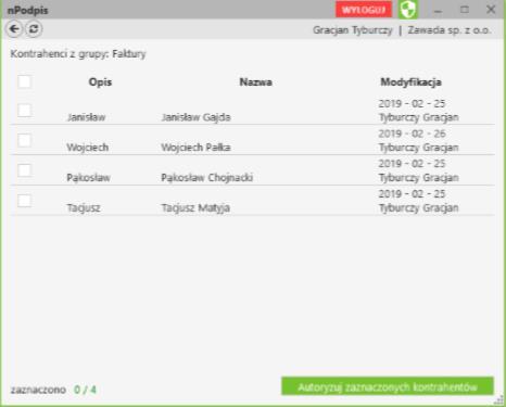 Należy wybrać kontrahentów i nacisnąć przycisk Autoryzuj zaznaczonych kontrahentów.