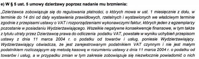 Zmienia się pkt 11 par. 4 ust. 1 pkt 10 umowy w ten sposób, że nadaje się mu następujące brzmienie: ubezpieczenia przedmiotu umowy od ognia i zdarzeń losowych na sumę ubezpieczenia 600.