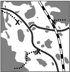 7b przedstawiono ścieżkę migracyjną pomiędzy dwoma dużymi obszarami siedliskowymi, wykorzystującą korytarze i małe powierzchnie terenu zielonego oraz ścieżkę migracyjną zakończoną znakiem x,