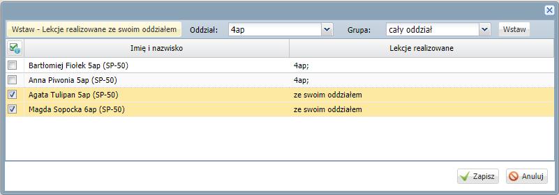 Aby przydzielić uczniów na zajęcia należy kliknąć przycisk Przydział uczniów, a następnie zaznaczyć wybranych uczniów na liście.