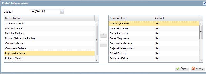 Kliknąć przycisk Zmień listę uczniów. Zmienić listę uczniów przywołując dane uczennicy grupy inf_1.