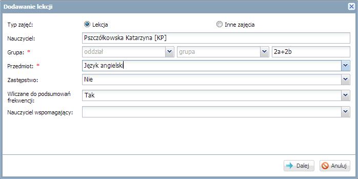 Dokumentowanie lekcji przez nauczyciela Przeprowadzenie lekcji przykład 3 Przypuśćmy, że na planie lekcji oddziału w którym nauczyciel prowadzi zajęcia, wprowadzono jedynie informację