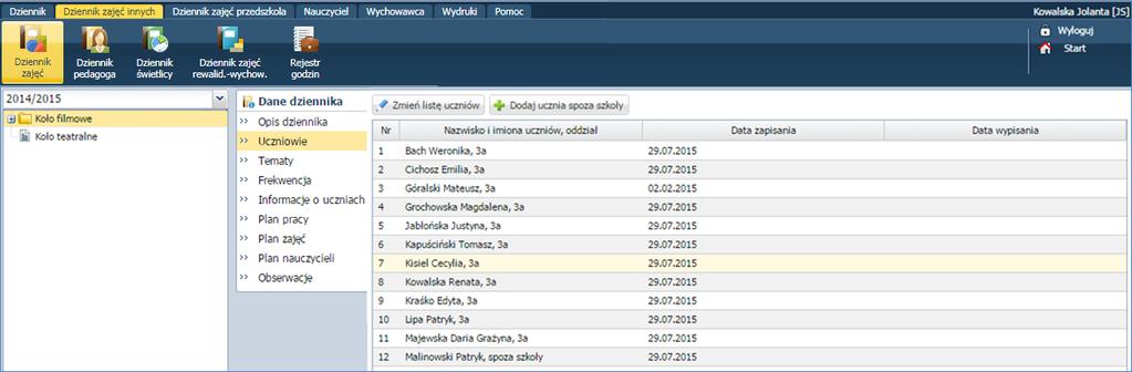 Prowadzenie Dzienników zajęć innych Aby dodać ucznia z innej szkoły należy kliknąć przycisk Dodaj ucznia spoza szkoły i uzupełnić wymagane dane.