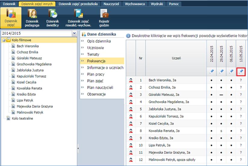 Prowadzenie Dzienników zajęć innych Odnotowywanie frekwencji Aby odnotować frekwencję należy przejść na zakładkę Frekwencja i kliknąć ikonę przy wybranej dacie.