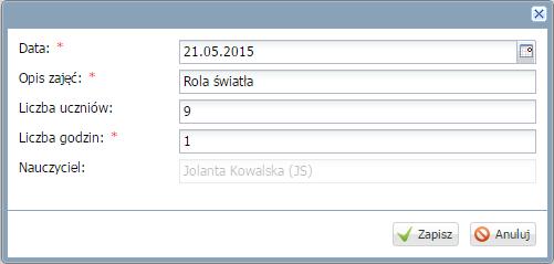 Rejestrowanie godzin Zajęcia, które są wykazane są w Rejestrze godzin, pochodzące z Dziennika