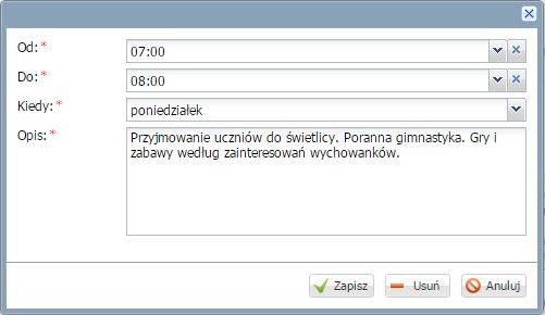 Prowadzenie Dzienników zajęć innych Plan zajęć dnia Na zakładce Plan zajęć dnia wyświetla się tygodniowy rozkład zajęć w świetlicy szkolnej, w podziale na godziny z wyróżnionymi tematami.