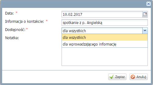 Wybór opcji dla wszystkich skutkuje widocznością wpisanej notatki dla pozostałych użytkowników dziennika świetlicy.