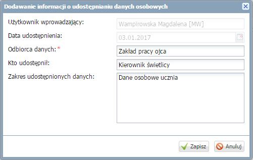 Prowadzenie Dzienników zajęć innych Ochrona danych osobowych Uprawnienia do dodawania nowych wpisów i edycji własnych wpisów ma użytkownik w roli Kierownik świetlicy.