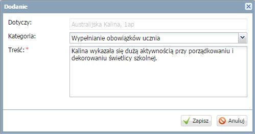 Prowadzenie Dzienników zajęć innych Uwagi wystawione w dzienniku świetlicy są widoczne także w dzienniku oddziału. Aby odnotować uwagę należy kliknąć przycisk Dodaj, aby ją edytować przycisk Zmień.