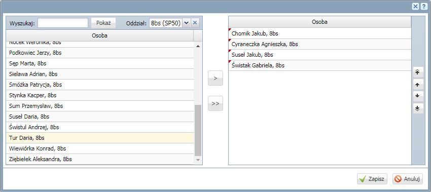 Prowadzenie Dzienników zajęć innych Dodawanie uczestników zajęć Aby zmienić listę uczniów należy kliknąć przycisk Zmień listę uczniów, a następnie wyszukać ucznia lub oddział i kliknąć przycisk