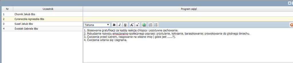 Aby wprowadzić program zajęć do dziennika należy kliknąć przycisk Zmień i uzupełnić informacje na temat programu realizowanych zajęć.