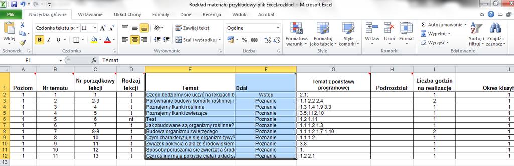 Korzystanie z rozkładów materiału Za pomocą skrótu klawiszowego Ctrl+V wkleić informacje do zaznaczonego pola w kolumnie Temat.