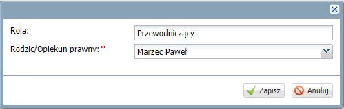 Wpisać rolę pełnioną w samorządzie i wybrać rodzica/opiekuna z listy, a następnie kliknąć przycisk Zapisz.