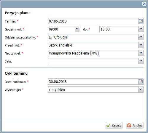 Prowadzenie dziennika przedszkola Po zapisaniu informacji pozycja zostanie dodana do planu zajęć. Aby skopiować istniejący plan zajęć należy kliknąć przycisk Kopiuj istniejący plan.