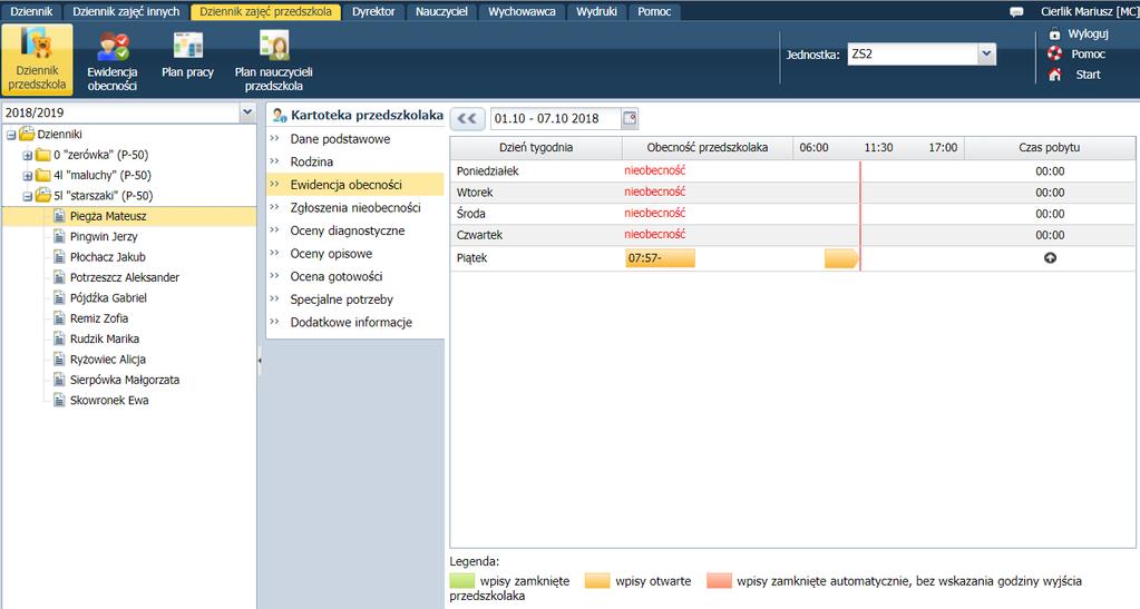 Prowadzenie dziennika przedszkola Na wyświetlonej liście znajdują się wszystkie dzieci obecne w przedszkolu.