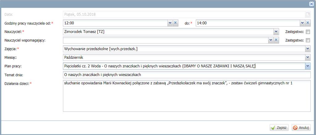 Prowadzenie dziennika przedszkola Pozostałe dane dziennika przedszkola Formy pomocy psychologiczno pedagogicznej Lista form