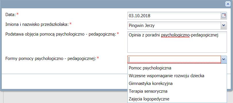 Aby odnotować potrzebę pomocy dla przedszkolaka należy kliknąć przycisk Dodaj i uzupełnić wymagane pola.