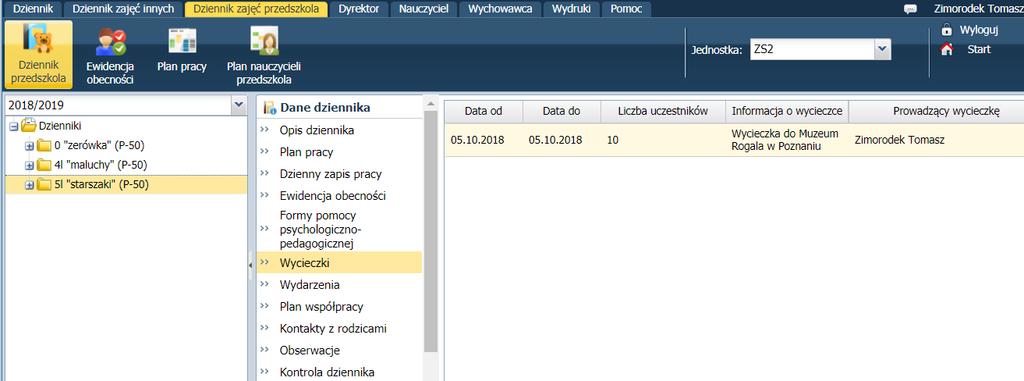 Prowadzenie dziennika przedszkola Wprowadzanie informacji o wydarzeniach z życia oddziału Użytkownik ma możliwość