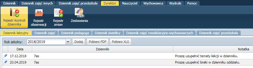 Monitorowanie dziennika przez dyrektora Monitorowanie dziennika przez dyrektora W module Dziennik dyrektor może na bieżąco monitorować pracę nauczycieli poprzez przeglądanie zapisów w dziennikach