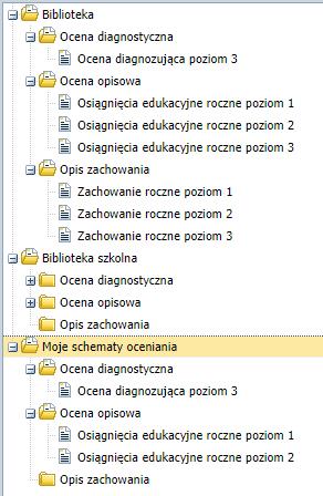 Korzystanie z dziennika w sytuacjach złożonych Pobieranie schematów ocen z biblioteki Aby pobrać gotowe schematy oceniania z biblioteki ogólnej do Biblioteki szkolnej oraz do Moich schematów