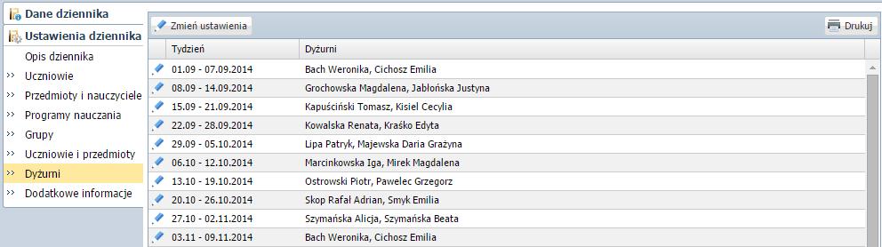 Korzystanie z dziennika oddziału Edycja listy dyżurnych w roku szkolnym Lista dyżurnych jest generowana przez system automatycznie na cały rok szkolny.