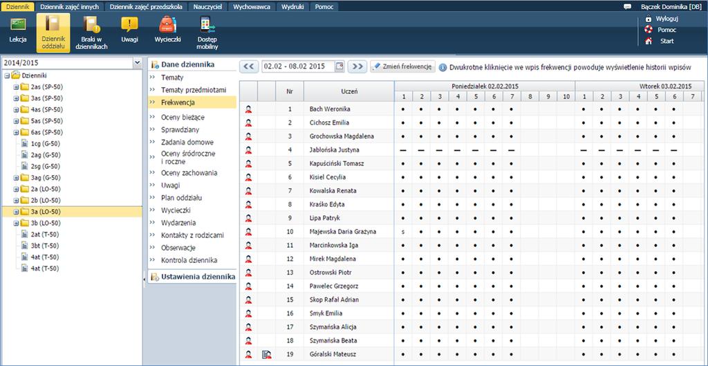 Korzystanie z dziennika oddziału Widok Frekwencja Wychowawca ma możliwość zmiany wpisów frekwencji na wszystkich lekcjach swojego oddziału.